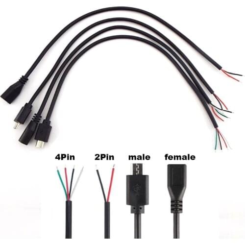 5pcs 30cm DIY Micro USB 2.0 Male Plug Female jack Connector 4 Pin 2 Pin Extension Cable Wire Cord Power Charge Data Transmission