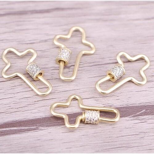 5PCS, Cross Shaped Screw Connector Clasp, Gold Plated Pave Clear CZ Cross Screw Clasp For Necklace/Jewelry Making