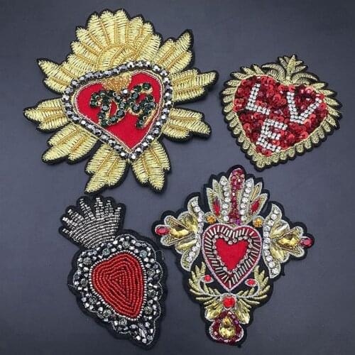 Handmade Beaded Diamond Heart Badges Crystal Applique Rhinestones Patches for Hats Clothes Decorated Craft Sewing Appliques