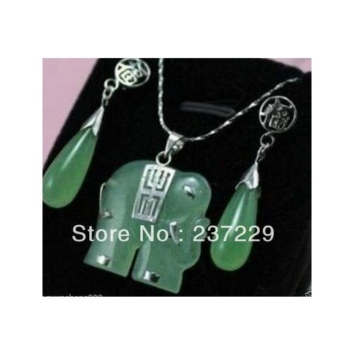 FREE SHIPPING hot sell Wholesale price Fast aPretty green jade carved elephant fortune jewelry necklace/Pendant earring set