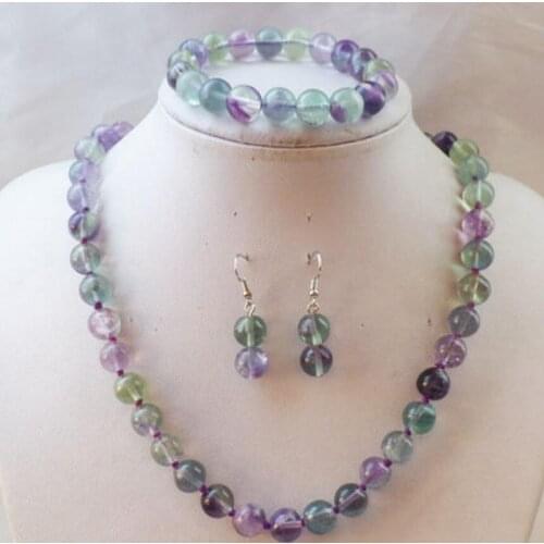 Free Shipping Natural 10mm Multicolor Fluorite Beads Necklace Bracelets Earrings Set