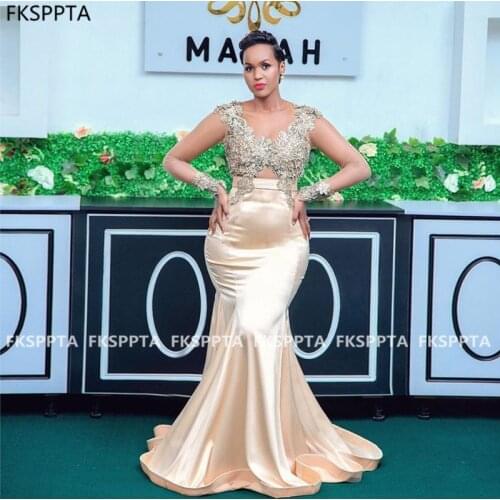 Elegant Mermaid Prom Dresses See Through Beads Lace African Women Formal Dress Backless Long Sleeves Prom Gowns Plus Size