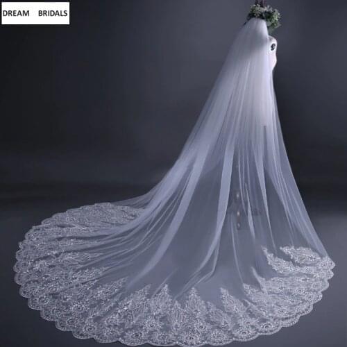 2019 New Shiny Beaded Cathedral Veils One Layer Lace Edge Veil Wedding 3x3 Meters Ivory Long Wedding Accessories With Comb