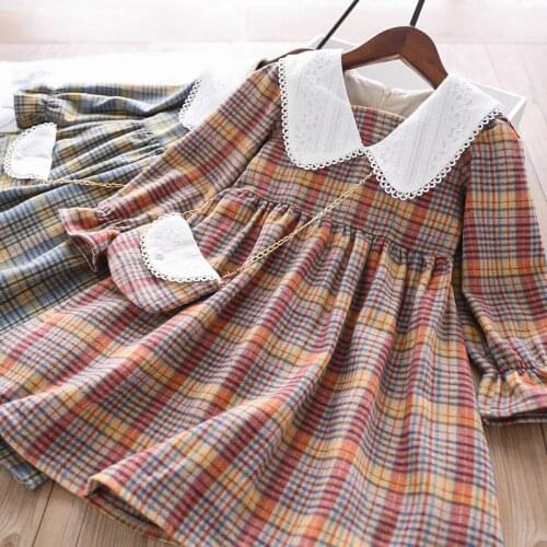 Cotton Baby Girls Dresses Spring & Autumn Long Sleeve Plaid Kids Clothes Preppy Style Teens Outfits for 6 8 10 12 Years Vestidos