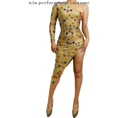 One Shoulder Luxury Rhinestones Jumpsuit Lady Evening Prom Party Diamonds Birthday Celebrate Outfit Bar Skinny Stage Costume