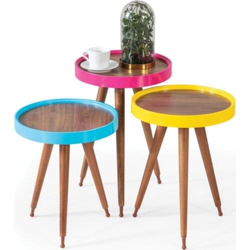 3'lü Wood Round Zigon Coffee Table Colorful Pollen Lux Flip C11