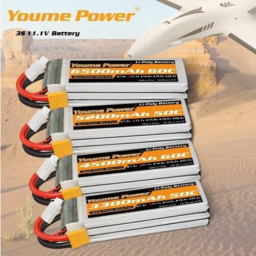 Youme 3S Lipo Battery 11.1V 5200mah 4500mah 3300mah 6500mah 50C 60C with T Plug XT60 XT90 For RC Drone Car Monster Boat Airplane
