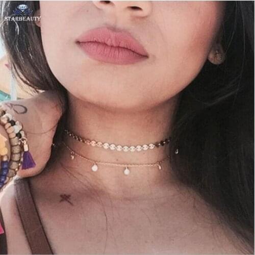 Multilayer Imitation Pearls Pendant Simple Disk Necklace Woman Choker Necklaces Round Tablets Layered Necklace