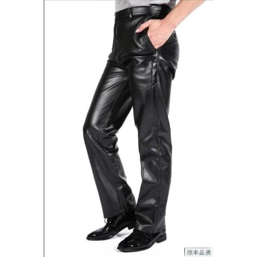 Fashion motorcycle pants men trousers casual thermal leather pants for men autumn winter plus velvet thicken straight windproof