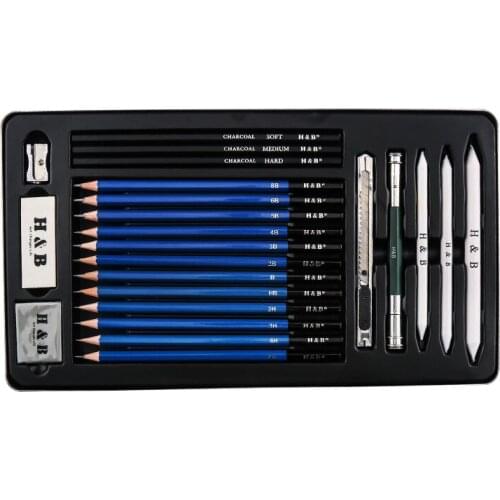 HB-Art Supplies, 23-Piece Sketching & Drawing Pencils Art Kit, Professional Artists Drawing Supplies Set