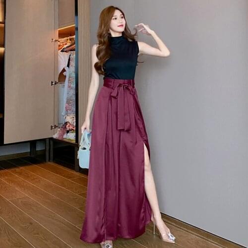 New arrival fashion women spring OL casual black sleeveless t-shirt and loose high-waist satin split long pants two piece set