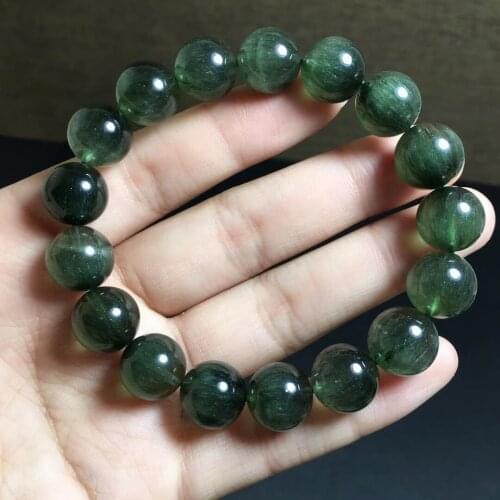 Genuine Natural Green Rutilated Quartz Cat Eye Bracelet Brazil 12.4mm Women Men Stretch Crystal Round Beads Genuine AAAAAA