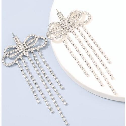 Pauli Manfi Fashion Metal Rhinestone Bow Tassel Earrings Womens Simple Banquet Jewelry Accessories