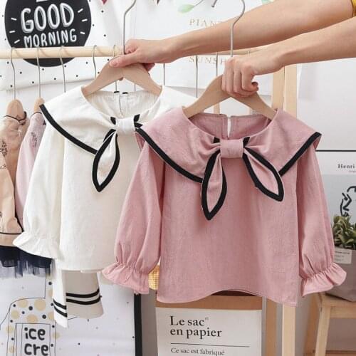 Fashion Baby Girls Shirts Tops For Summer Autumn Navy Lapel Full Sleeve Kids Shirt Children Cotton School Girl Newborn Blouse