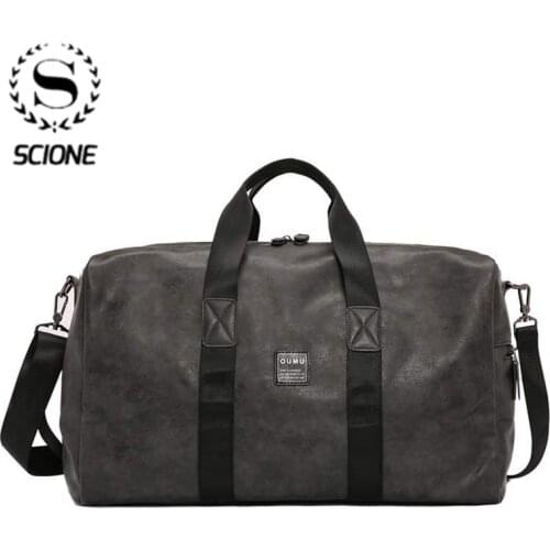 Scione Mens Vintage Travel Bag Brand Gray PU Leather Luggage Duffel Bag male Large capacity Handbag man Casual Solid Bag