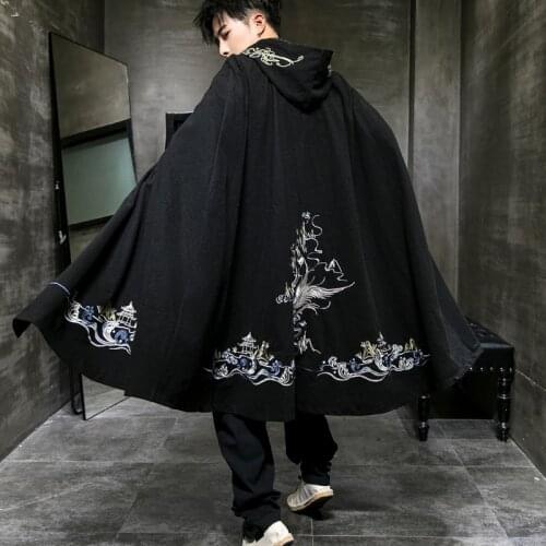 Black Mens Cape Coat Male Long Trench Coat Embroidery Manteau Mens Overcoats Cashmere Retro Winter Cloak Men KK2983