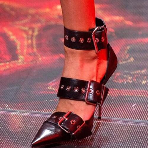 New Leather Pumps Women Pointed Toe Belt Buckle Stiletto High Heels Fashion Sandalias mujer2019 Muller Runway Party Shoes Ladies