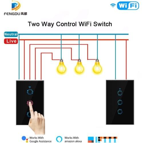 2PCS US WiFi Smart 2 Way Switch 1 2 3 Gang Two Way Smart Switch Glass Wall Touch Switch eWeLink Remote Control Alexa Google Home