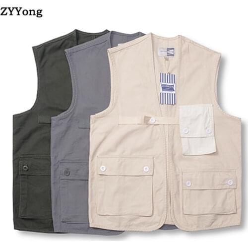 Vintage Multi-Pocket Mens Vest Coat Solid Cotton Sleeveless Jacket Fashion Streetwear Hip Hop Casual Waistcoat Clothing