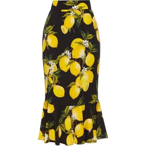 Customize Made Women Runway Fashion Bodycon Plus Size 3XS-10XL High Waist Lemon Print Chiffon/Cotton Fishtail Mermaid Skirt