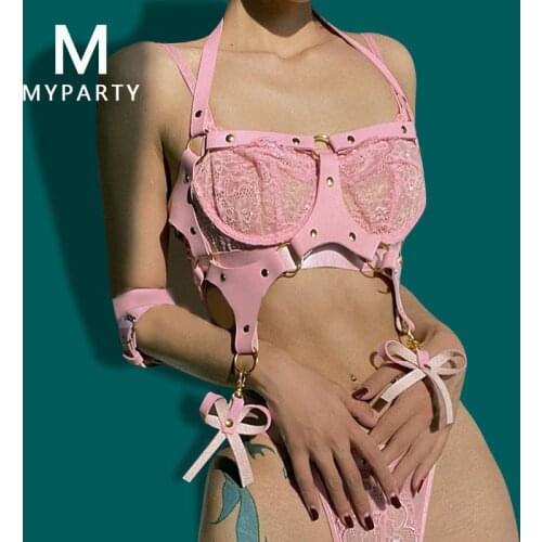 Pink Leather Bow Harness Body Belt Women Punk Goth Sexy Erotic Chest Straps Fetish Bondage Bra Top Sword Belt Lingerie Club Wear