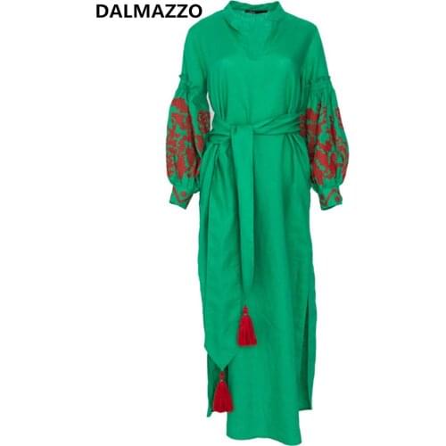 Green and Blue Cotton Embroidery Women High Waist Boho Loose Belt Dress 2019 Autumn High-end Luxury Lady Maxi Split Long Dresses
