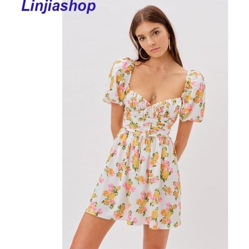 Summer dresses for women print dress casual mini dress vintage yellow floral dress short puff sleeve dress square neck