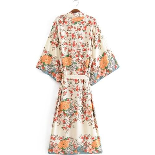 Vintage Chic Women Multi Floral Print Sashes Bohemian Kimono Ladies V Neck Batwing Sleeves Boho Maxi Dress Robe