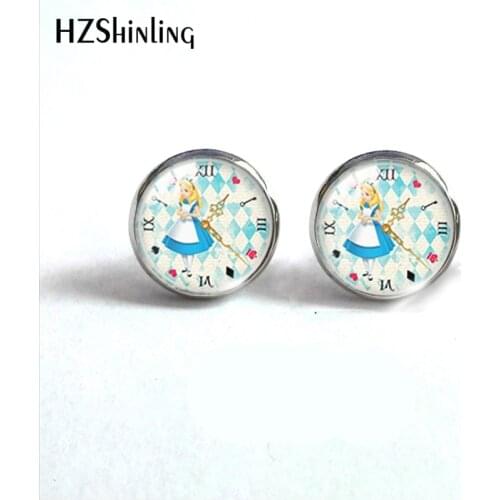 2021 New Arrival Alice in Wonderland Clock Patterns Handmade Stainless Steel Glass Dome Stud Earrings