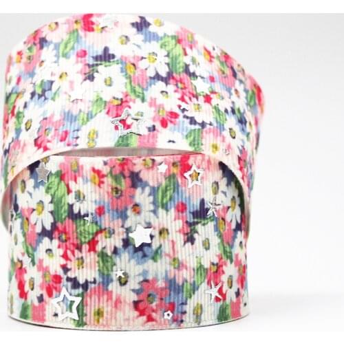 22-75mm silver foil flower printed glowing star ribbon 10/25/50 yards DIY Handmade Gift Packing Wedding Decoration ribbons