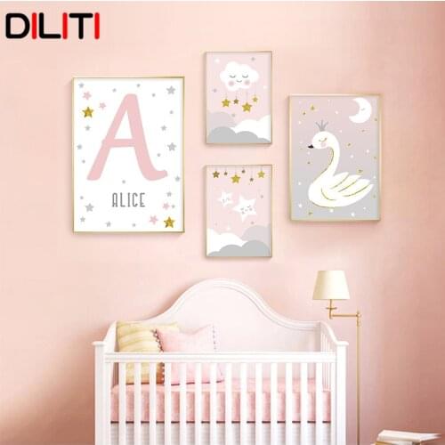 Baby Girls Bedroom Custom Name Painting Poster Nordic Cloud Stars Canvas Prints Nursery Swan Wall Art Pictures Home Decor
