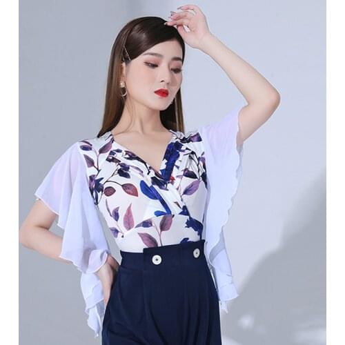 Elegant Printing Ballroom Dance Leotard Training Clothes Women Summer Latin Tango Performance Clothing Competition Wear YS2082