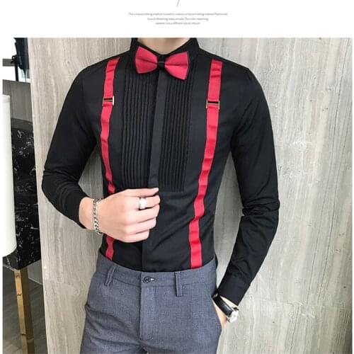 Classic Pull Straps Mens Long Sleeved Dress Shirts Groomsmen Bar Overalls Work Clothes Fashion Spring Summer Tops