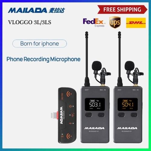 Condenser Recording Microphone Mailada VLOGGO3L Transmitter Receiver Lavalier Mini Wireless Mic for iphone 6 7 8 X XS 11 12