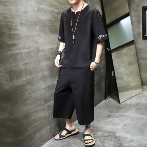 Traditional Chinese Style Summer Men Linen Tang Suit Short Sleeve T-Shirt+Pant Clothing Set Oriental Kung Fu Costumes 10860
