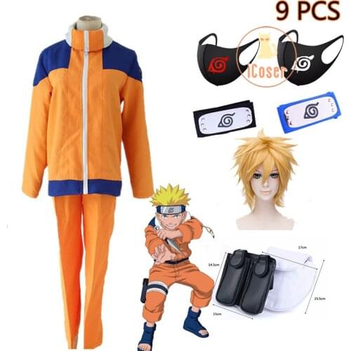 9 PCS Teenager Uzumaki Cosplay Costume Orange Sportswear for Adults Anime Ninja Shippuden Suit Yellow Wig Headband