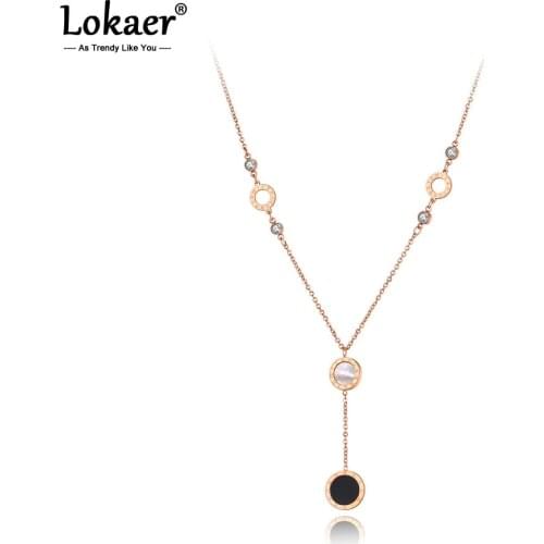 Lokaer Trendy Titanium Stainless Steel Roman Numerals Shell Choker Necklaces For Women Girls Chic Charm Pendant Necklace N20263