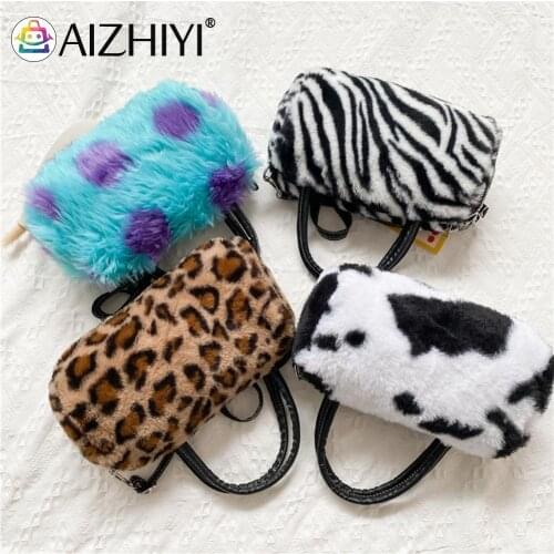 Fashion Girl Women Animal Print Plush PU Leather Purse Crossbody Shoulder Messenger Bag Lady Autumn Winter Small Handbags Purse