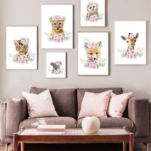 Woodland Baby Animal Canvas Painting Fox Lion Giraffe Posters Nursery Art Print Pink Flower Wall Art Pictures Kids Room Decor