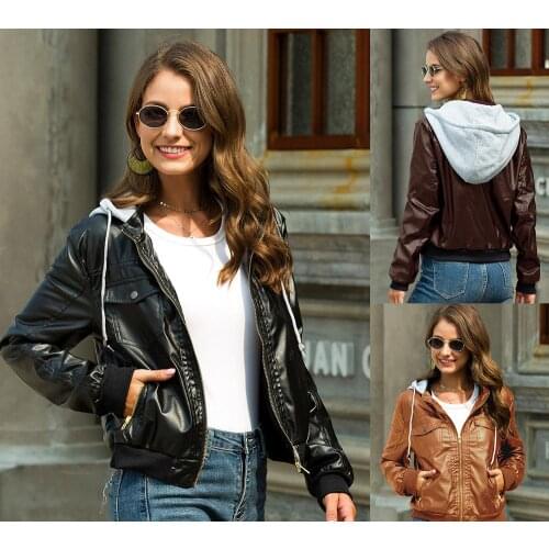 New Womens Leather Jacket 2020 AutumnWomens short coat velvet thick hooded Female Jackets Outerwear