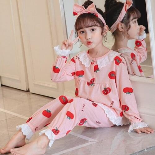 New Baby Girls Clothes Set Long Sleeve Cotton Pijamas Girls Lace Pajamas Sets Pyjama Kids Clothes 2-12Years Sleepwear Night Suit