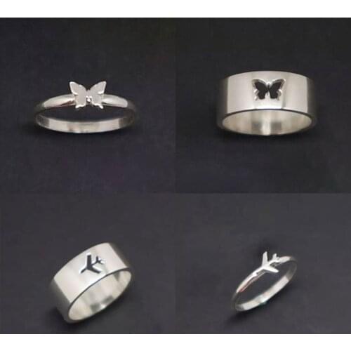 Matching Butterfly Couple Promise Rings Silver Color Hollow Butterfly Aircraft Plane Couple Rings for Men Women Wedding Jewelry