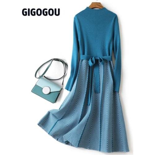 GIGOGOU Luxury Jacquard Long Knit Women Maxi Sweater Dress Sahes Turtleneck A Line Dresses Christmas Party Midi Dress Vestidos