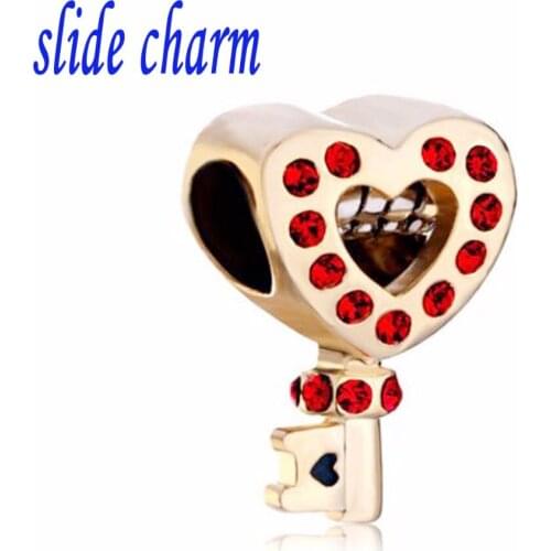Slide charm Free shipping Mothers Day gift Red crystal love key gilt amulet charm beads fit Pandora bracelet