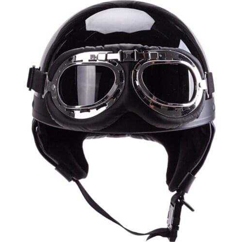 German PU Leather Motorcycle Half Face Helmet Biker Pilot w/ Goggles (M)