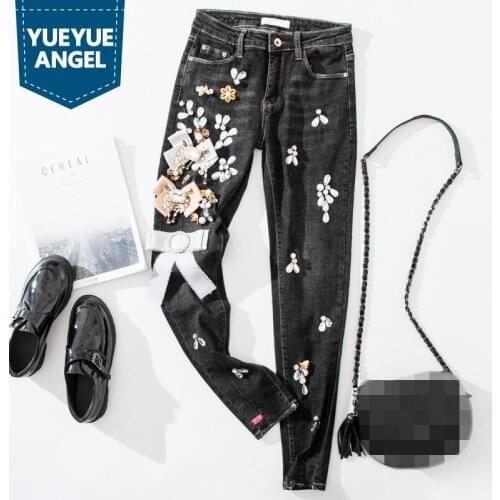 Embroidered Flared Black Jeans Women Fashion Rhinestone Stretch Pencil Pants Autumn Winter New Office Lady Slim Trousers 26-32