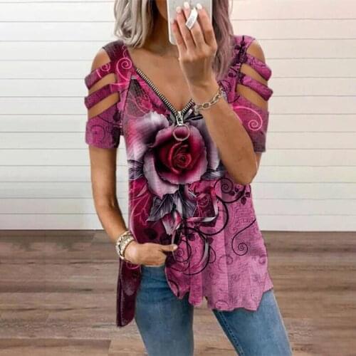 Plus Size Women Fashion Loose Casual short sleeves off shoulder Floral print Hollow out Summer tshirt tops blouses