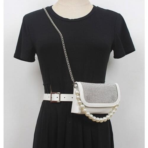 2021 Luxury White Black PU Waist Belt with Phone Bag Pearl Handbag Rhinestone Flap Purse Pack Female Metal Chain Messenger Bag