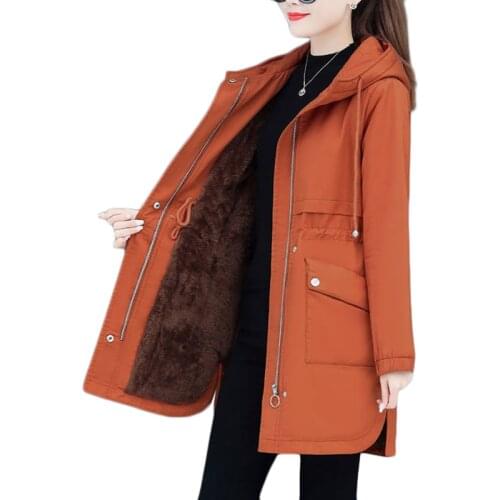 2021 New Autumn Winter Plus Velvet Warm Windbreaker Women Long Trench Coat Casual Hooded Parka Overcoat Plus Size Office Womens