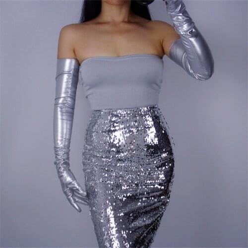 Woman Gloves Bright Leather Patent Leather PU Gloves Female Dance Party Simulation Leather Silvery PU Gloves Cosplay P1370-13